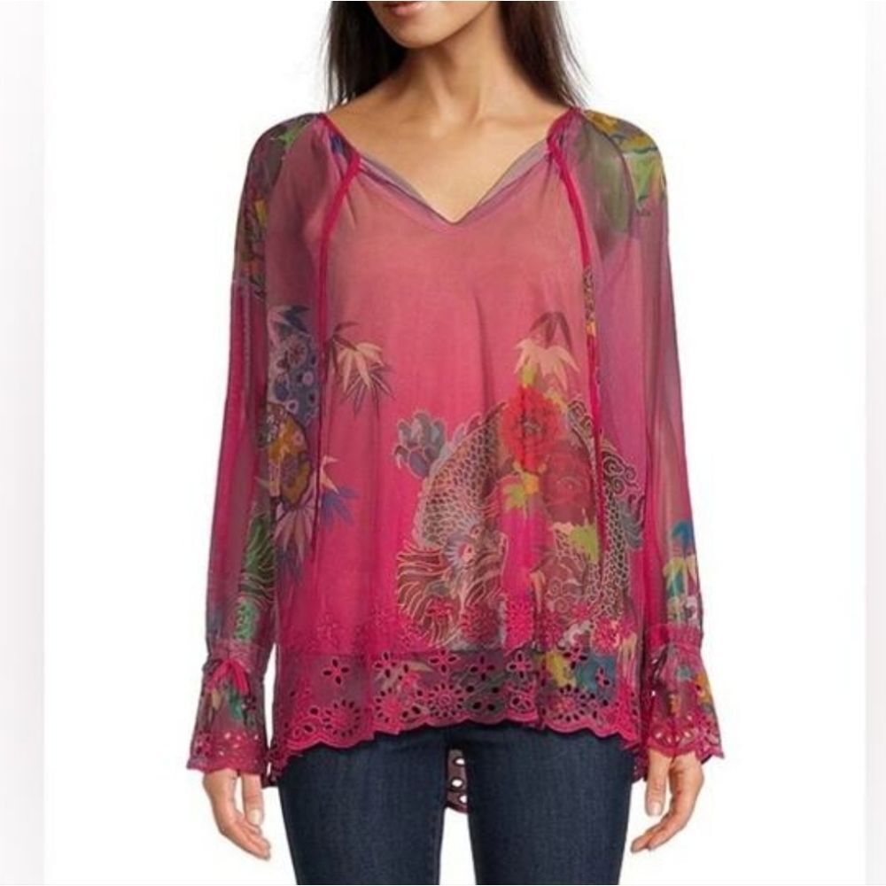 Johnny Was Dralion Pink Mazzy Floral Mesh Peasant Blouse Slip Embroidered NEW